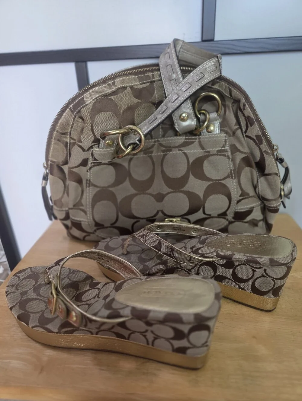 Coach Brown Signature Canvas Handbag And Wedge Thong Sandals Size 11